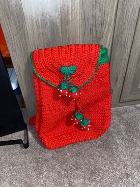 Handcrafted Red Crochet Backpack with Strawberry Accents